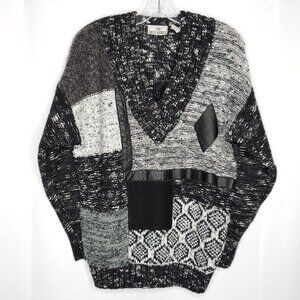 Vintage 80s Womens Color Block Geometric Sweater S Black White Gray Retro V Neck